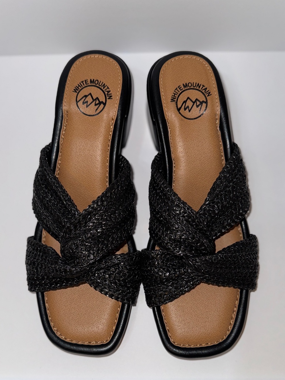 White Mountain Block Heel Sandals with Black Woven Cross-cross Straps
